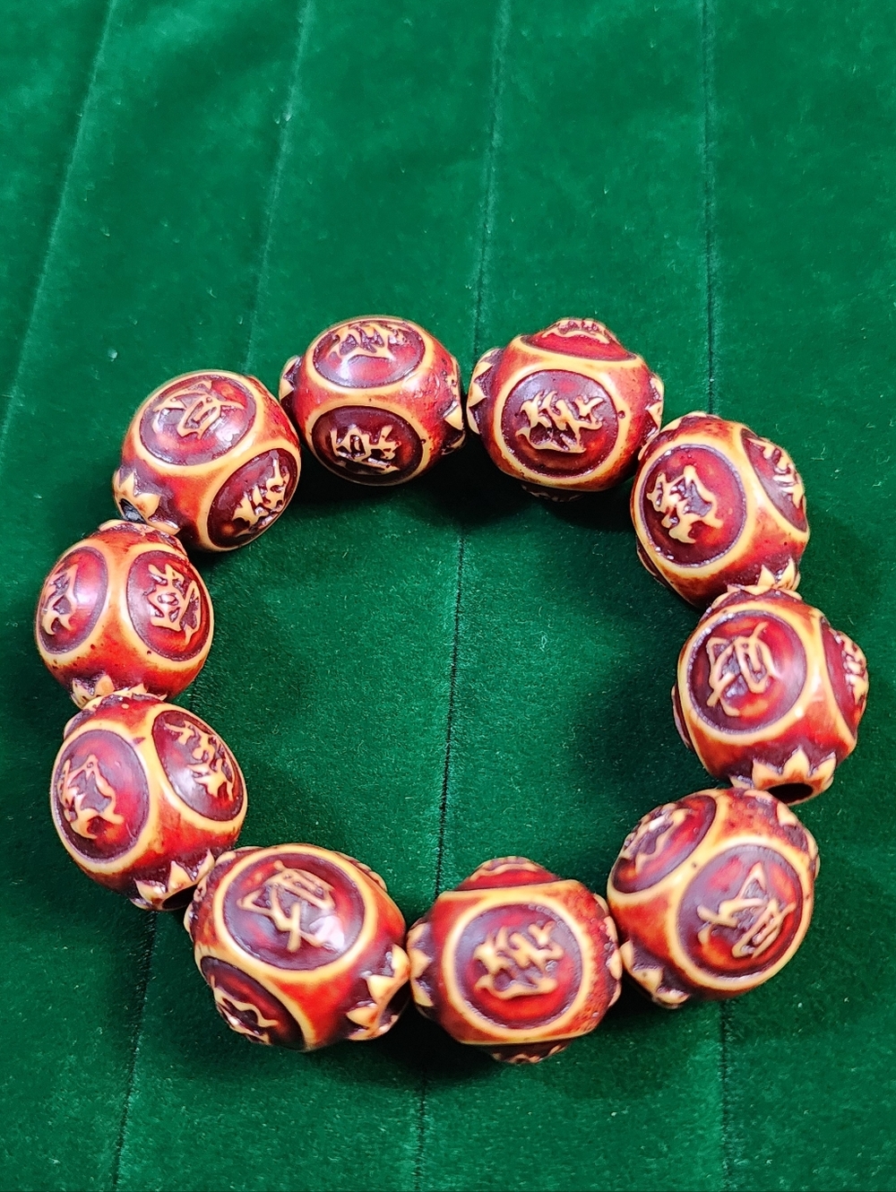 Vintage Carved Faux Bone Bead Stretch Bracelet Tibetan Tribal Style Symbol Beads